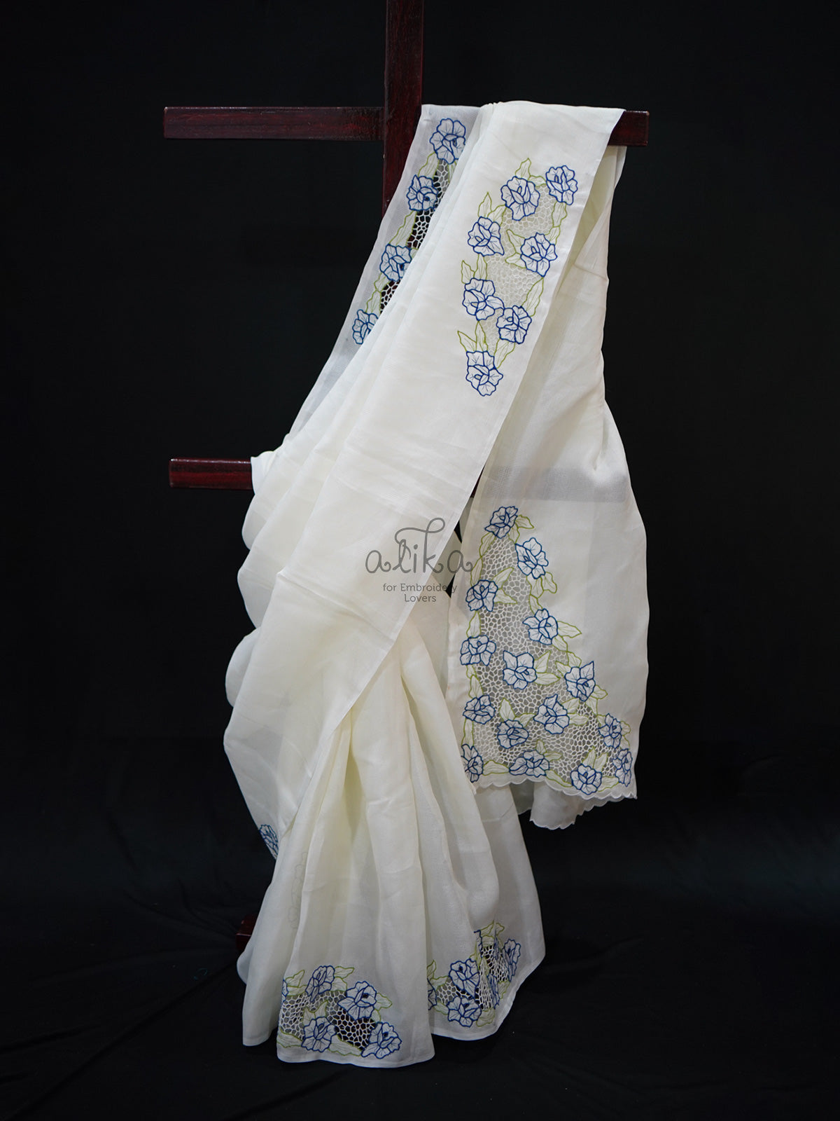 OFF  WHITE JUTE NET SAREE WITH TWINE CUTWORK AND FLORAL MACHINE EMBROIDERY