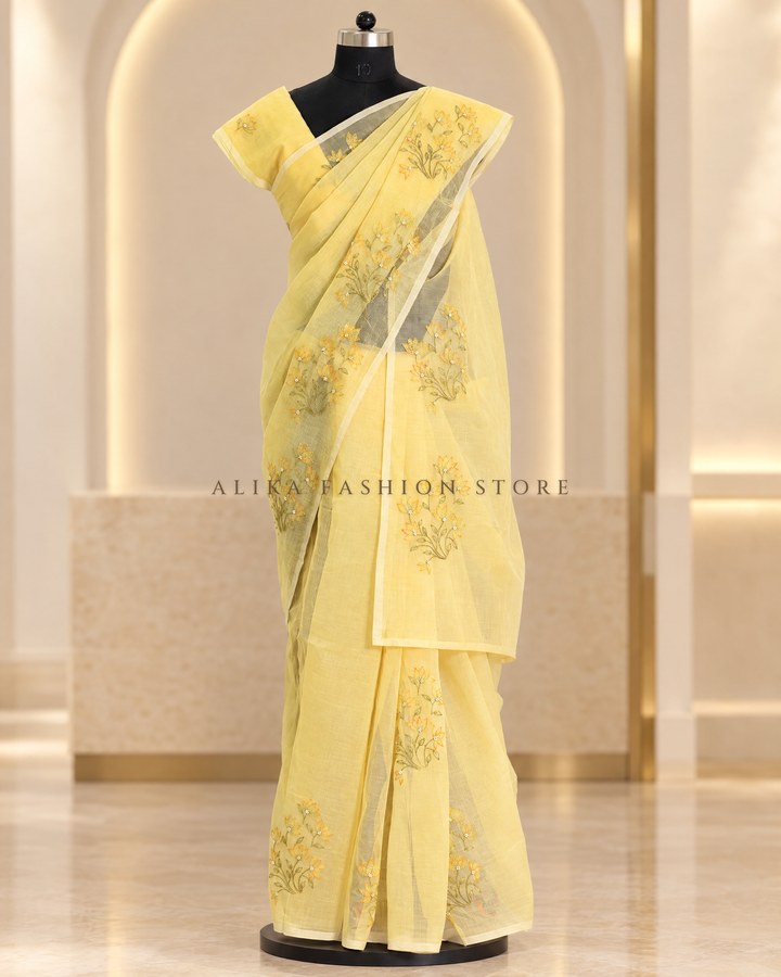 Butter Yellow Kota Saree with Floral Shadow Work &amp; Bead Embellishments