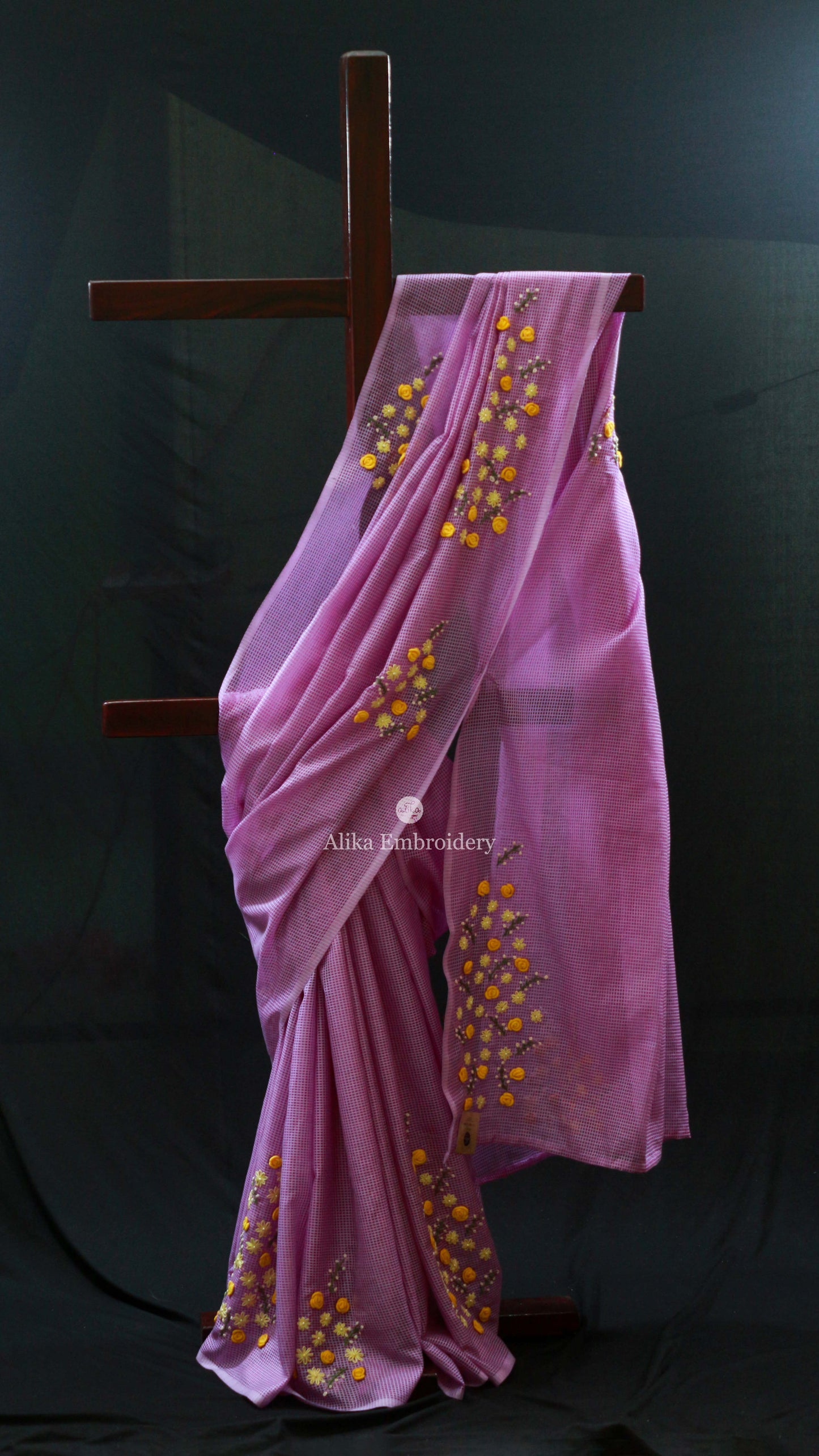 Exquisite Lavender Shaded Checked Semi Tussar Saree with Multicolored Hand Embroidery and Pearl Work
