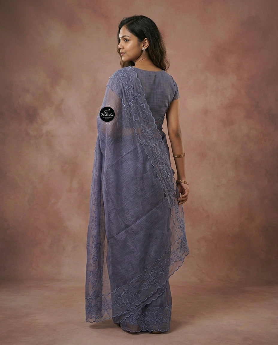 Gray Blue Silky Kota Saree with Floral Organza Applique Border