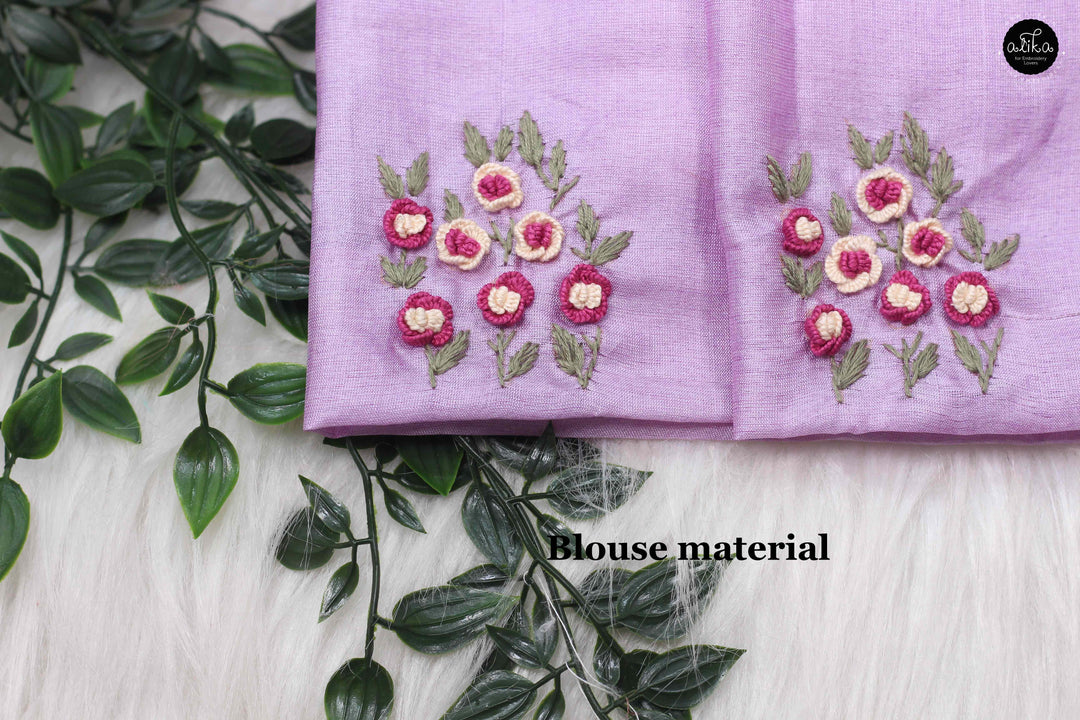 Lavender Pure Tussar Silk Saree with Floral Hand Embroidery