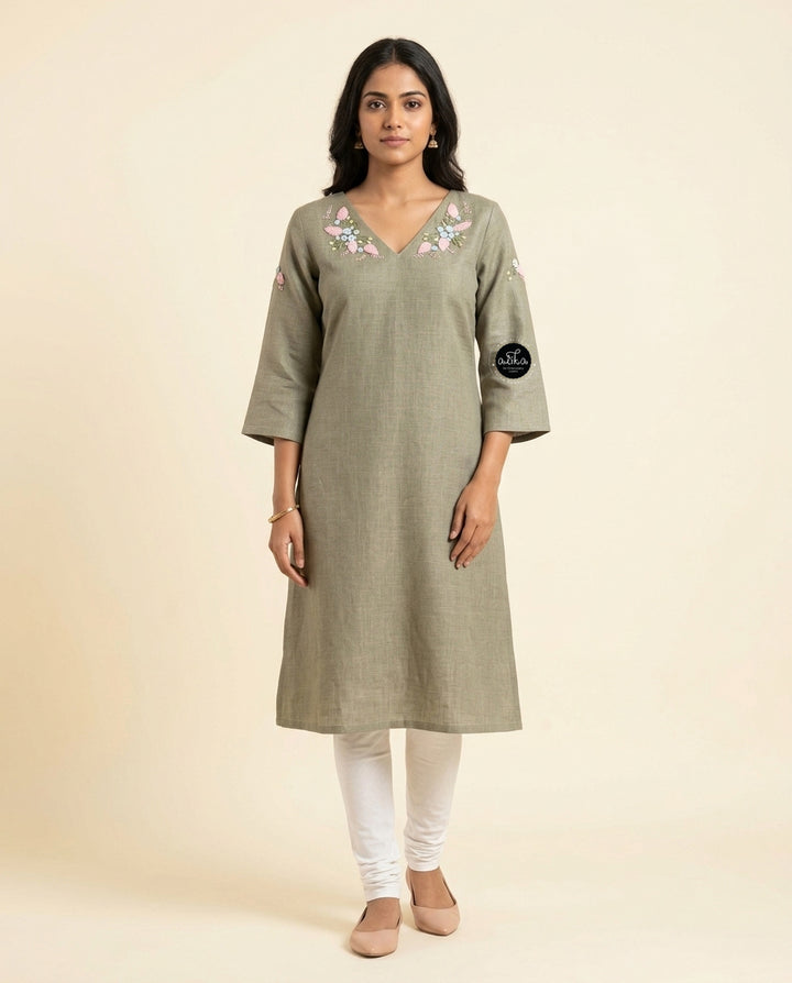 Light Olive Green Semi-Linen Stitched Kurti with Floral Hand Embroidery on Neckline &amp;amp; Sleeves