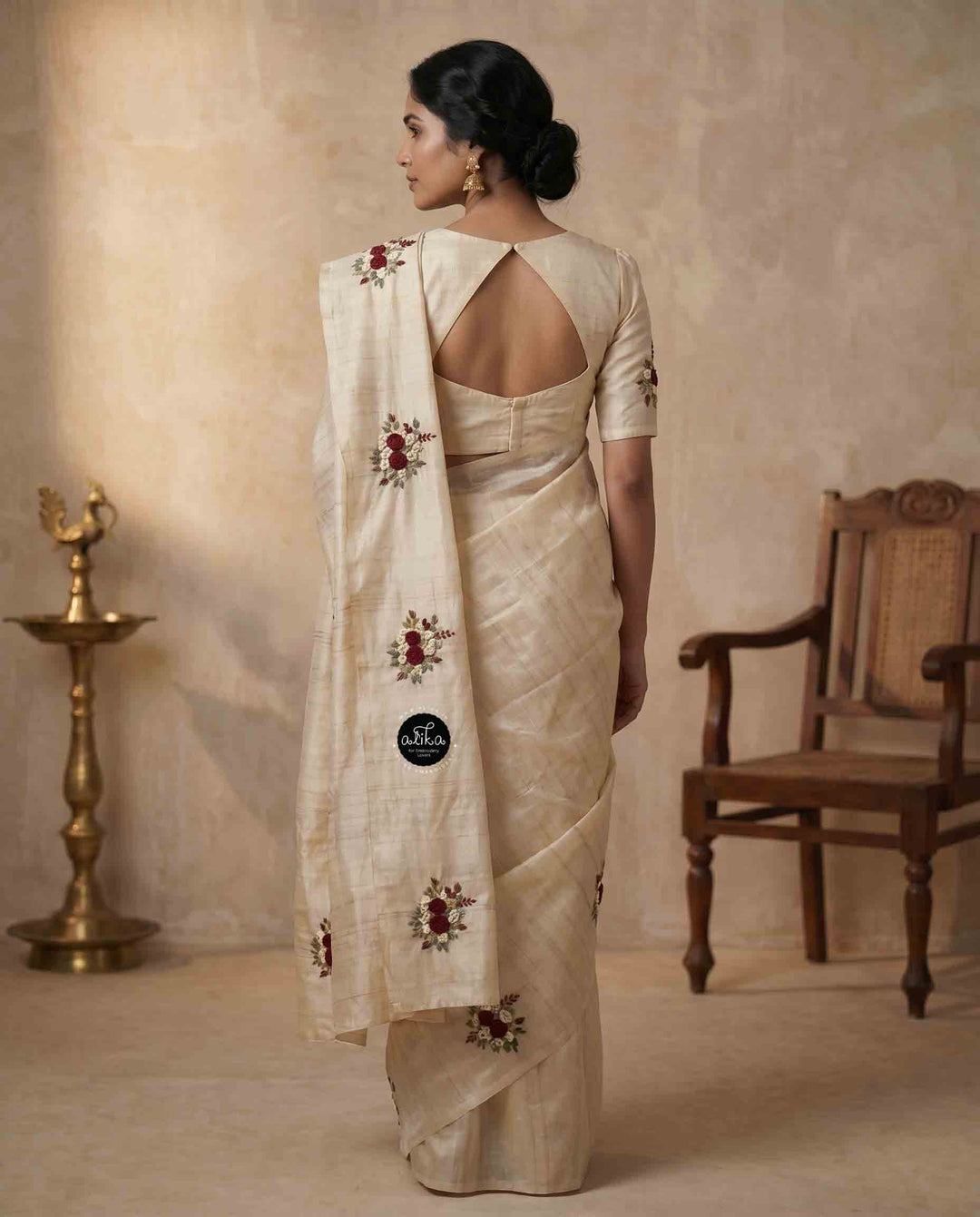 Beige Pure Tussar Silk Saree with Floral Hand Embroidery