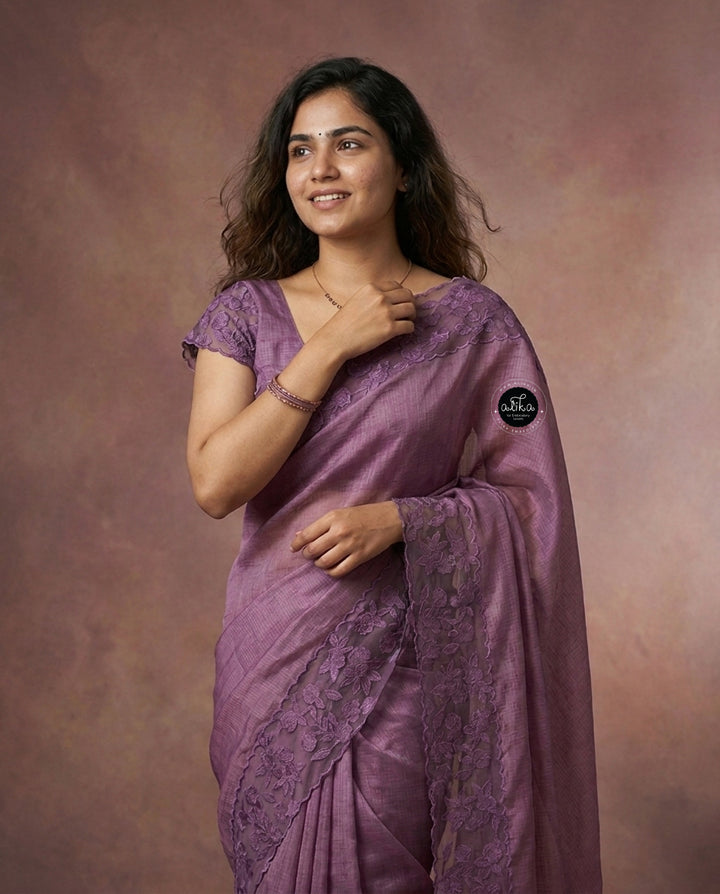 Lilac Silky Kota Saree with Floral Appliqué Border