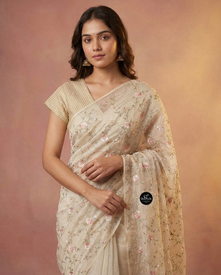 Ivory and Gold themed Organza Saree with Floral Embroidery