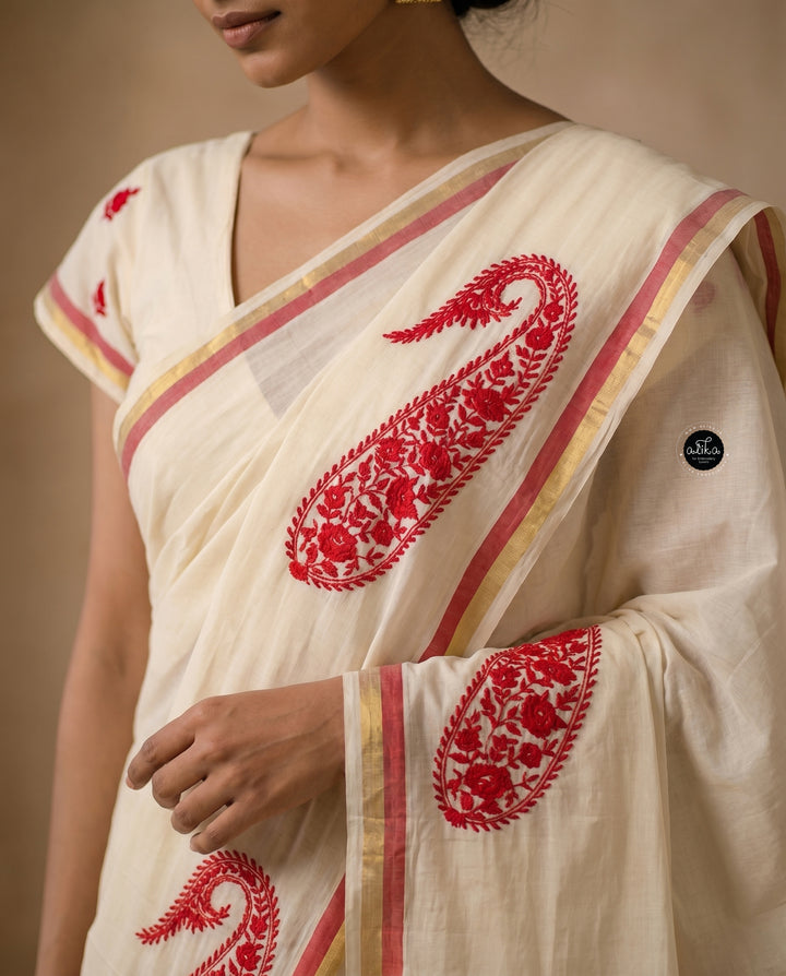 Cream Kerala Saree with Floral Machine Embroidery and Red &amp; Gold Border