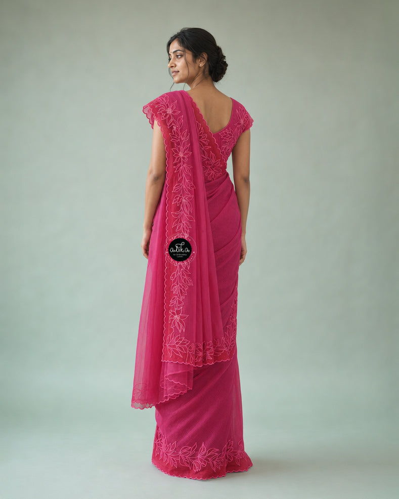 Rani Pink Pure Kota Doria Saree with Floral Appliqué Border