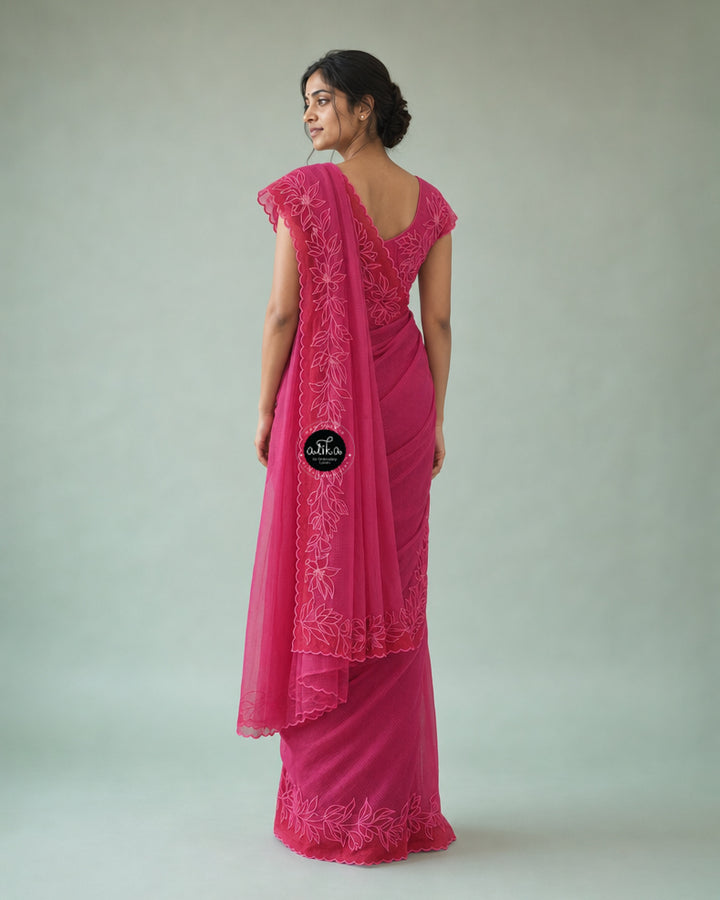 Rani Pink Pure Kota Doria Saree with Floral Appliqué Border