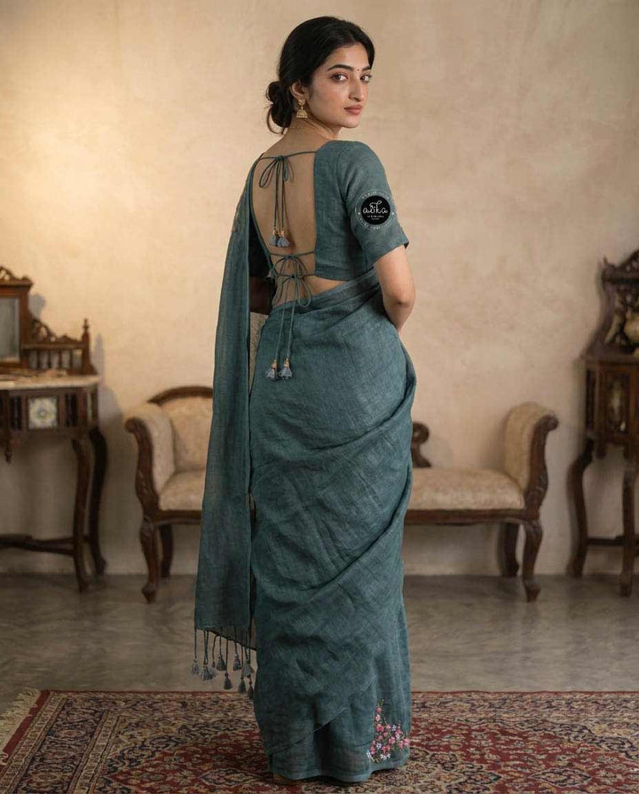 Bluish Gray Pure Linen Saree with Floral Hand Embroidery