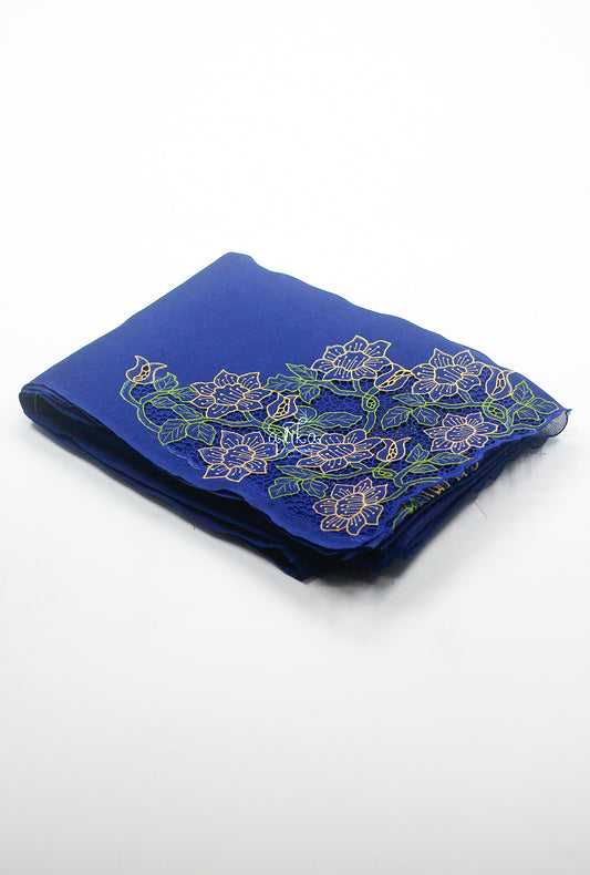 BLUE JUTE NET SAREE WITH TWINE CUTWORK AND FLORAL MACHINE EMBROIDERY