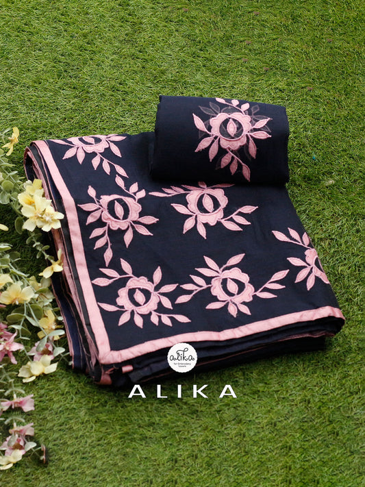 NAVY BLUE SILKY KOTA SAREE WITH PINK APPLIQUE EMBROIDERY