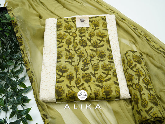 Cream Color Salwar Set with Green Shaded Appliqué Work