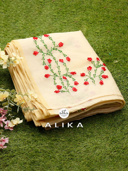 BEIGE SILKY KOTA SAREE WITH RED RIBBON WORK AND BEADS
