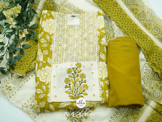 self printed mustard yellow patch and mirror worked cotton salwar suit