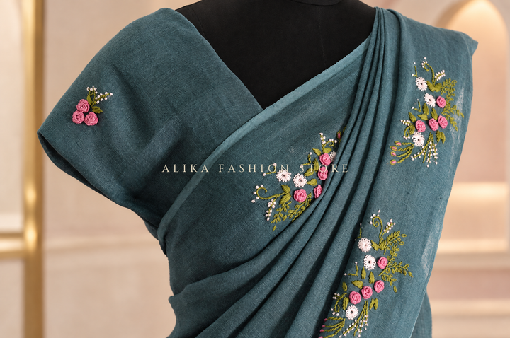 Peacock Teal Pure Linen Saree with Floral Hand Embroidery