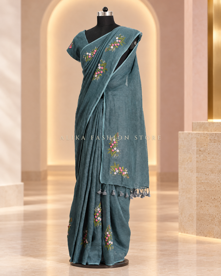 Peacock Teal Pure Linen Saree with Floral Hand Embroidery