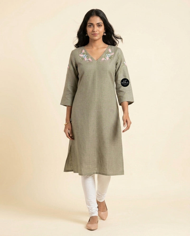 Light Olive Green Semi-Linen Stitched Kurti with Floral Hand Embroidery on Neckline &amp;amp; Sleeves