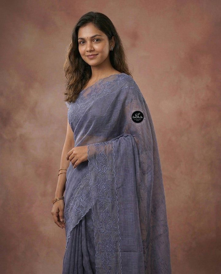Gray Blue Silky Kota Saree with Floral Organza Applique Border