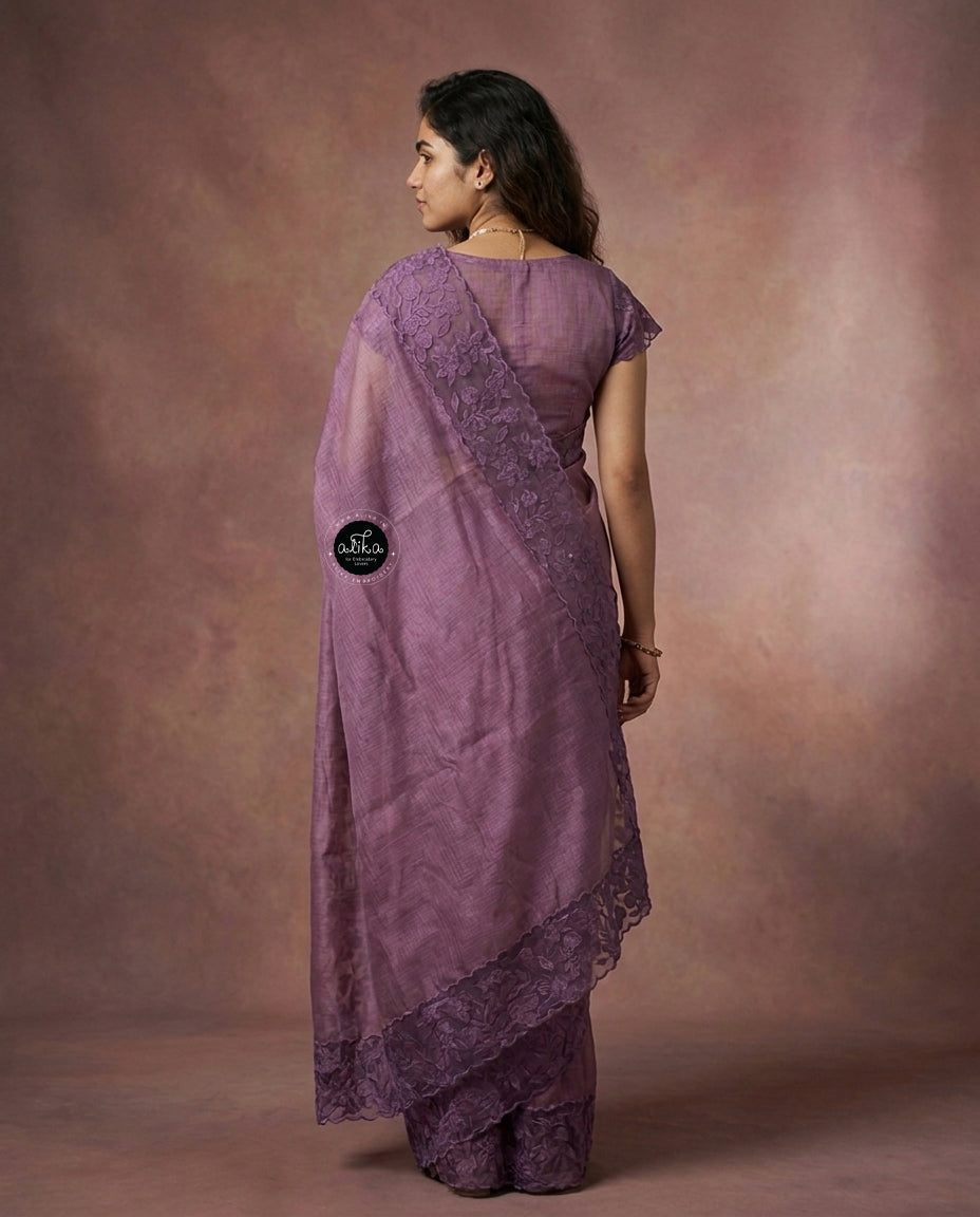 Lilac Silky Kota Saree with Floral Appliqué Border