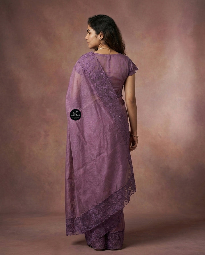 Lilac Silky Kota Saree with Floral Appliqué Border