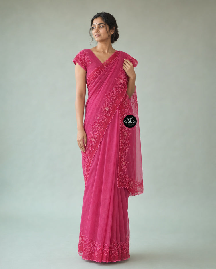 Rani Pink Pure Kota Doria Saree with Floral Appliqué Border