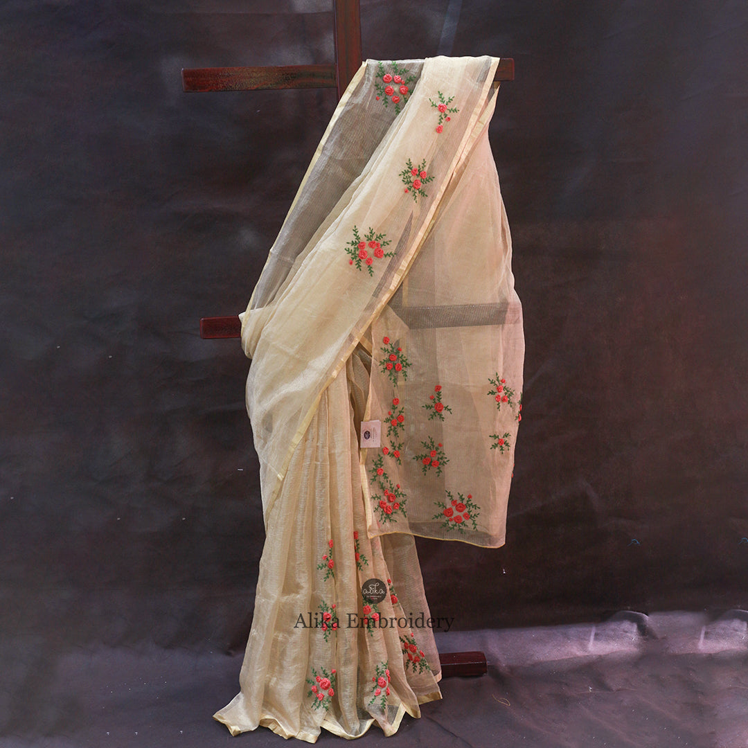 Golden Tissue Silk Saree with Hand Embroidery