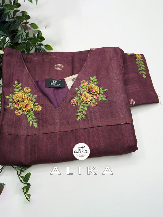 Enchanted Amethyst: Embroidered Light Maroon Kurti With Lining And Ribbon Accents