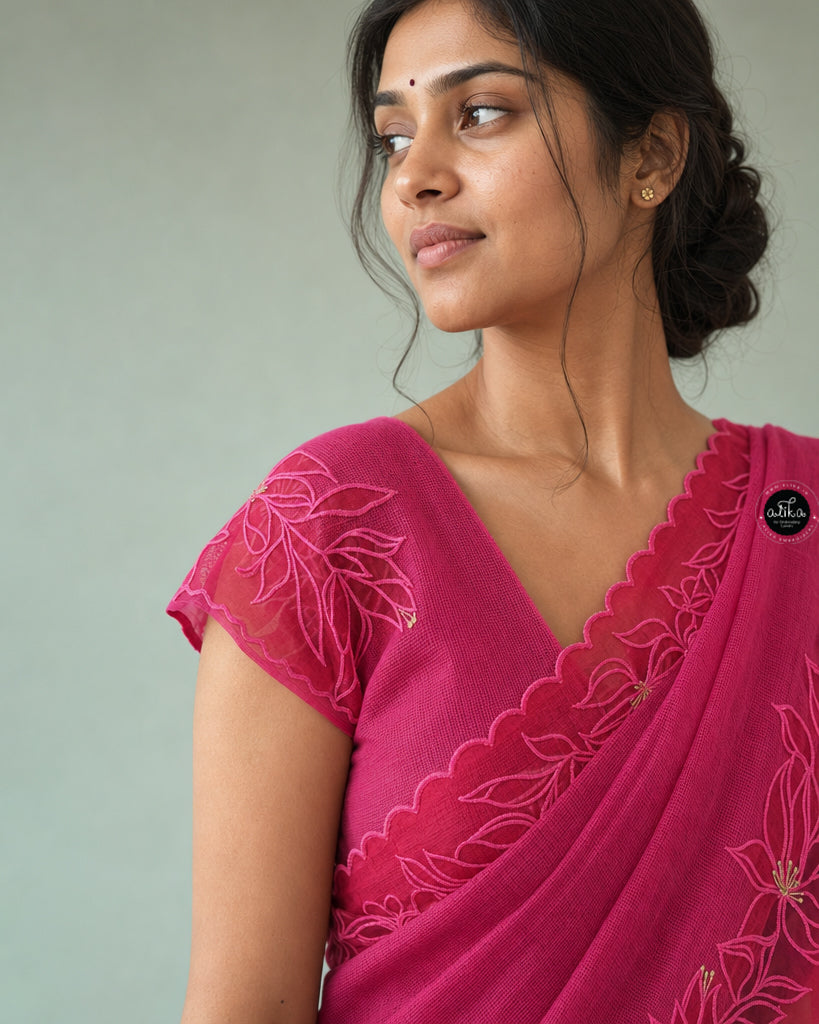 Rani Pink Pure Kota Doria Saree with Floral Appliqué Border