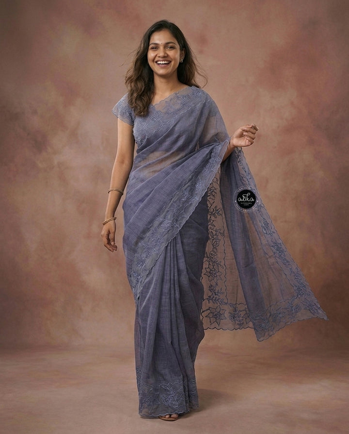 Gray Blue Silky Kota Saree with Floral Organza Applique Border