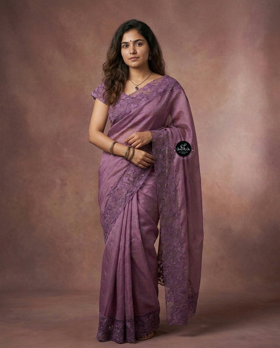 Lilac Silky Kota Saree with Floral Appliqué Border