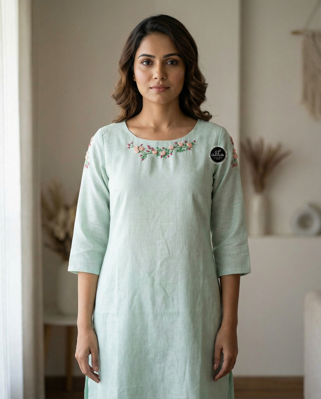 Mint green Semi-Linen Stitched Kurti with Floral Hand Embroidery on Neckline &amp;