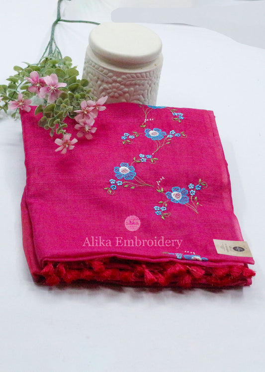 Royal Charm: Rani Pink Soft Silk Saree with Enchanting Blue Machine Work