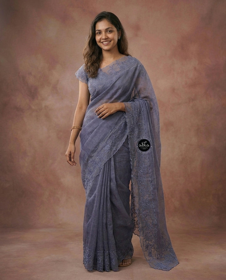 Gray Blue Silky Kota Saree with Floral Organza Applique Border