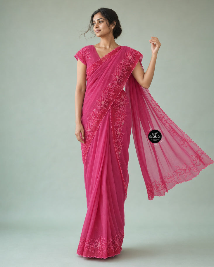 Rani Pink Pure Kota Doria Saree with Floral Appliqué Border