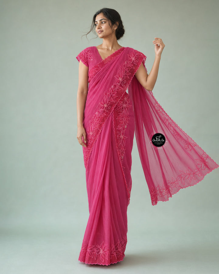 Rani Pink Pure Kota Doria Saree with Floral Appliqué Border