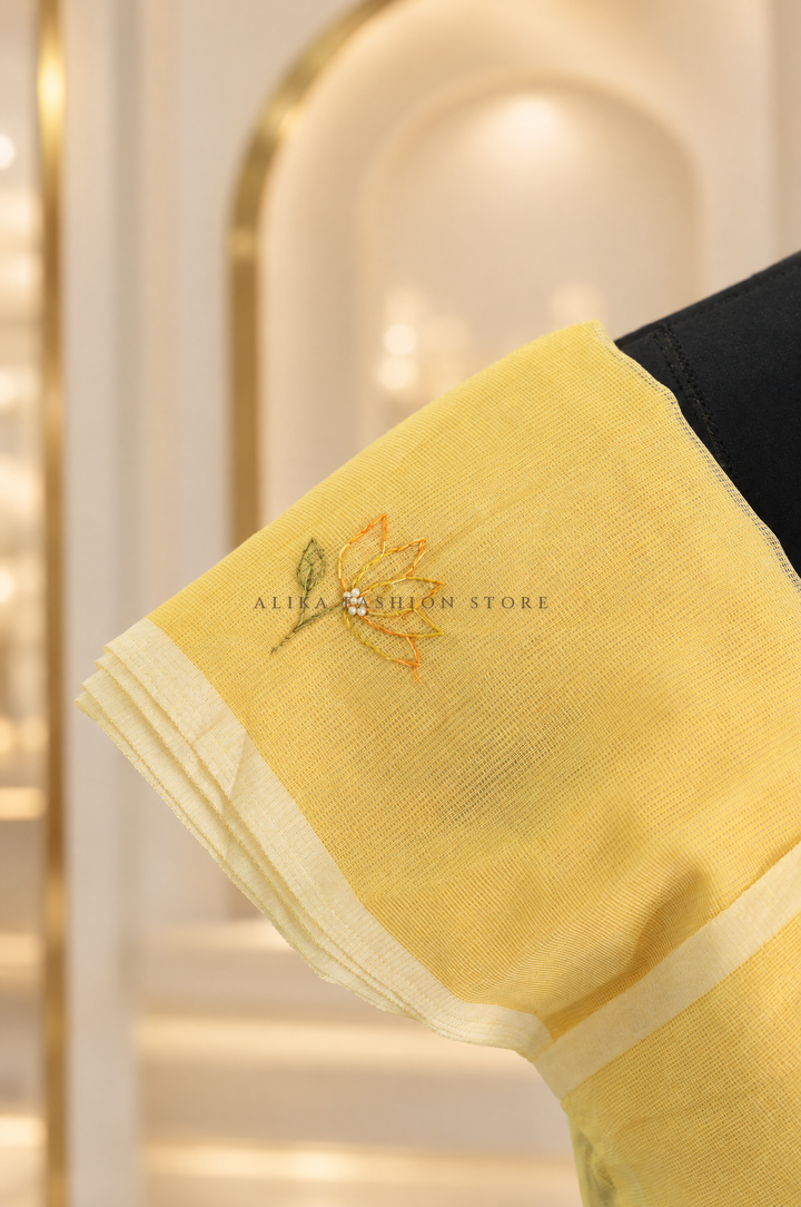 Butter Yellow Kota Saree with Floral Shadow Work &amp; Bead Embellishments
