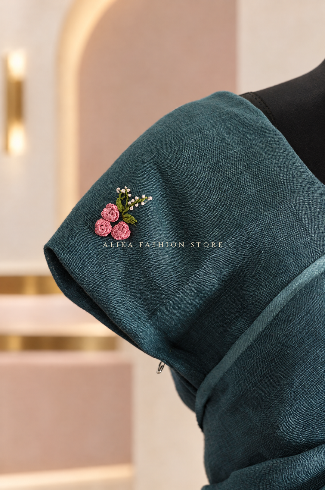 Peacock Teal Pure Linen Saree with Floral Hand Embroidery