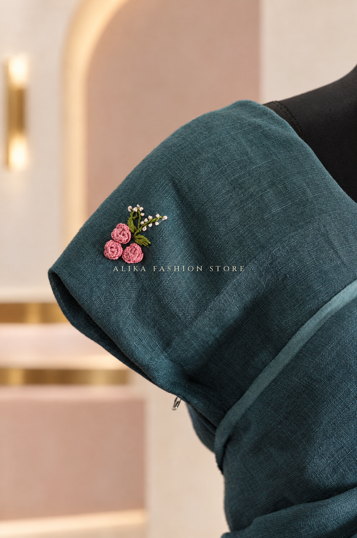 Peacock Teal Pure Linen Saree with Floral Hand Embroidery