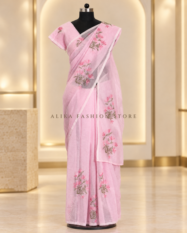 Light Pink Kota Saree with Floral Shadow Work &amp; Bead Embellishments