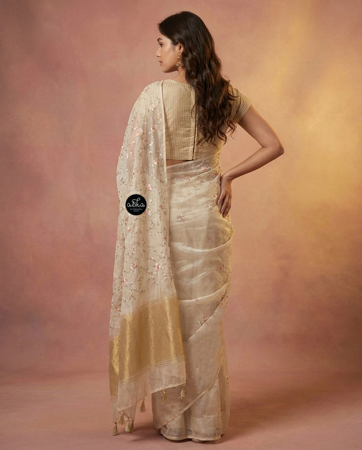 Ivory and Gold themed Organza Saree with Floral Embroidery