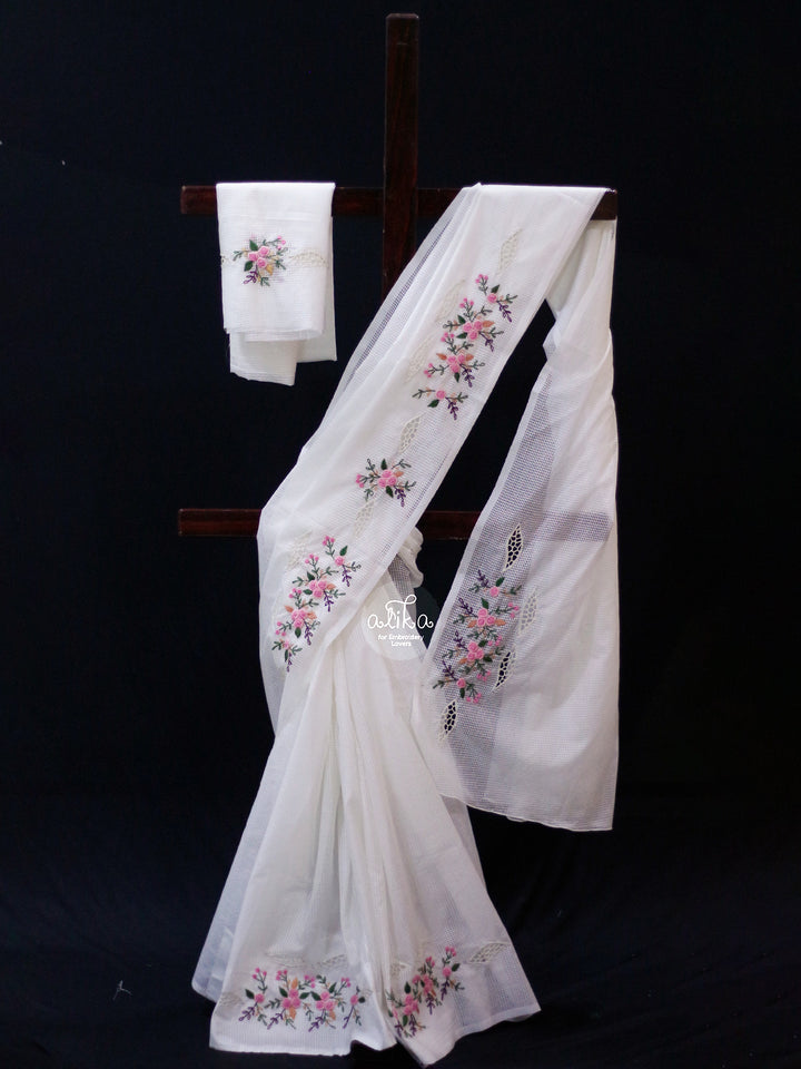 Off-White Checked Semi Tussar with Bullion Work and Cutwork