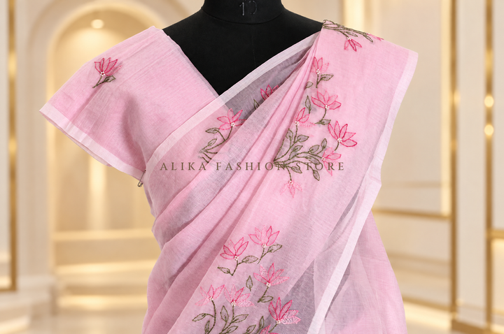 Light Pink Kota Saree with Floral Shadow Work &amp; Bead Embellishments