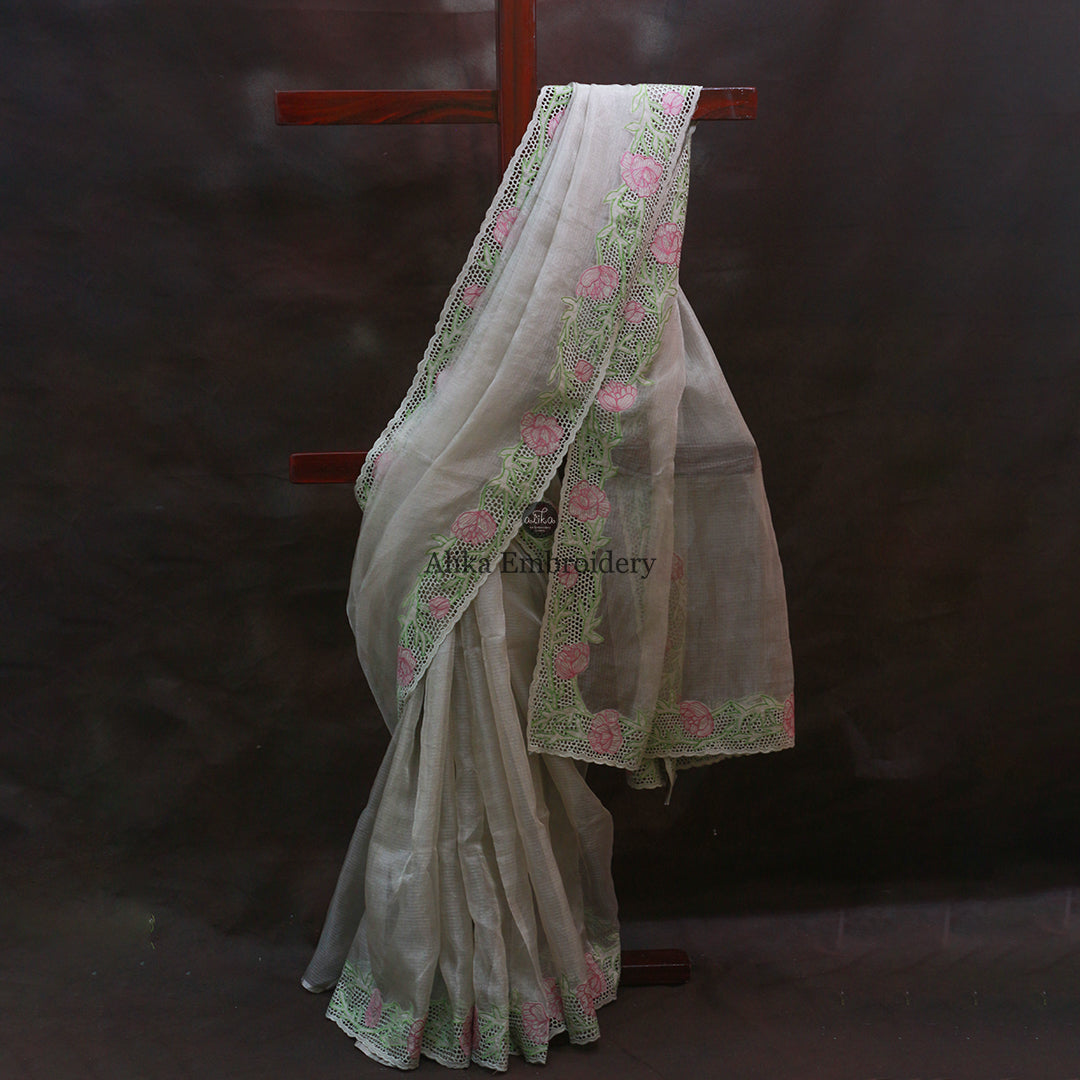 Silver Tissue Saree with Exquisite Floral Cutwork Border