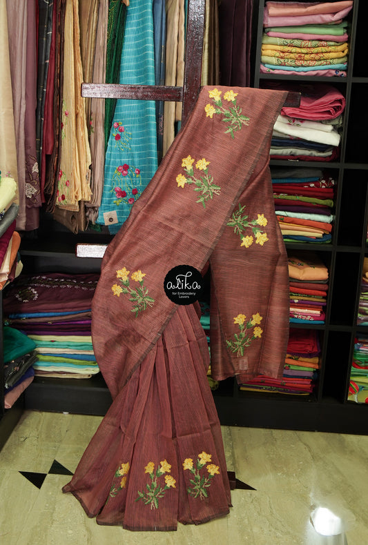 BROWN   STRIPED SILKY KOTA SAREE  WITH FLORAL MACHINE EMBROIDERY