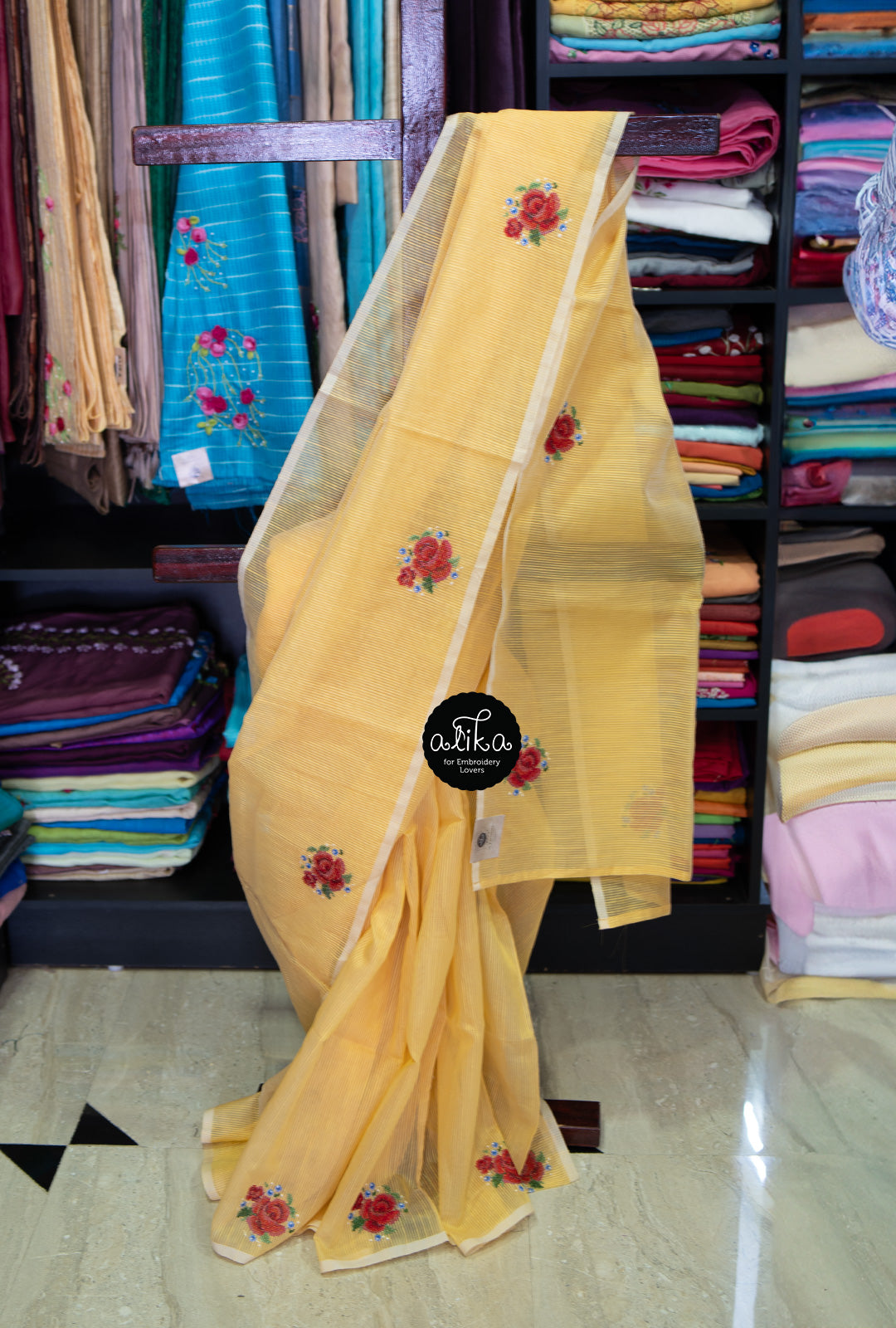 YELLOW  STRIPED KOTA  SAREE WITH FLORAL CROSS  STITCH EMBROIDERY