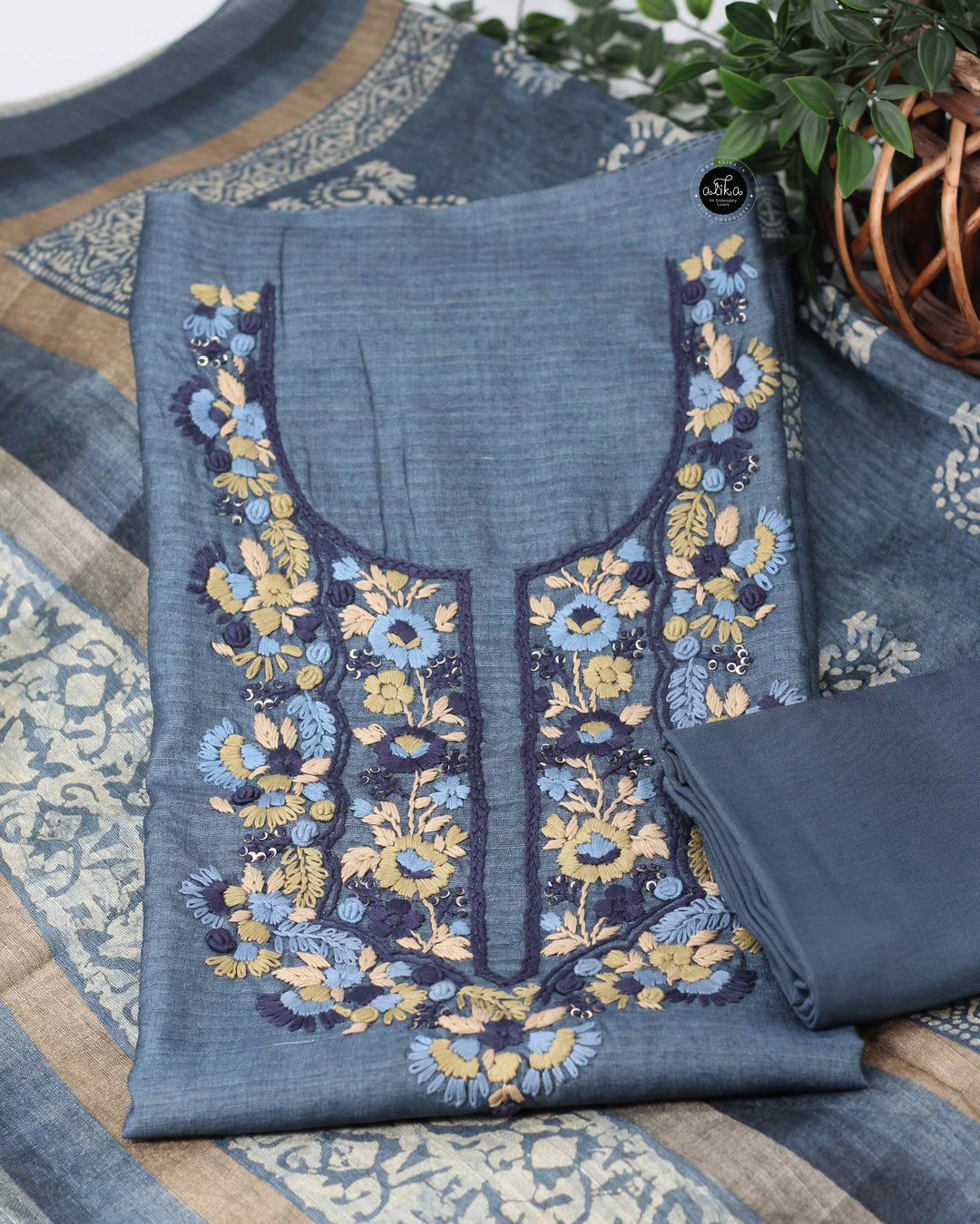 Dark Ash Blue Semi Silk Unstitched Salwar Set with Floral Hand Embroidery