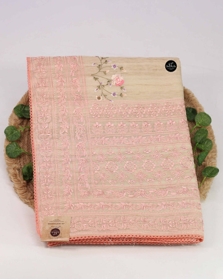 Beige Designer Silk Saree with Peach Floral Machine Embroidery