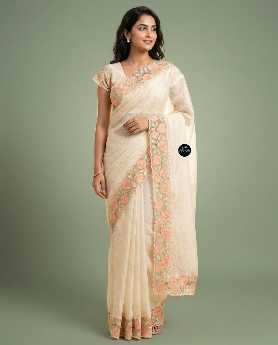 Beige Silky Kota Saree with Floral Appliqué Border