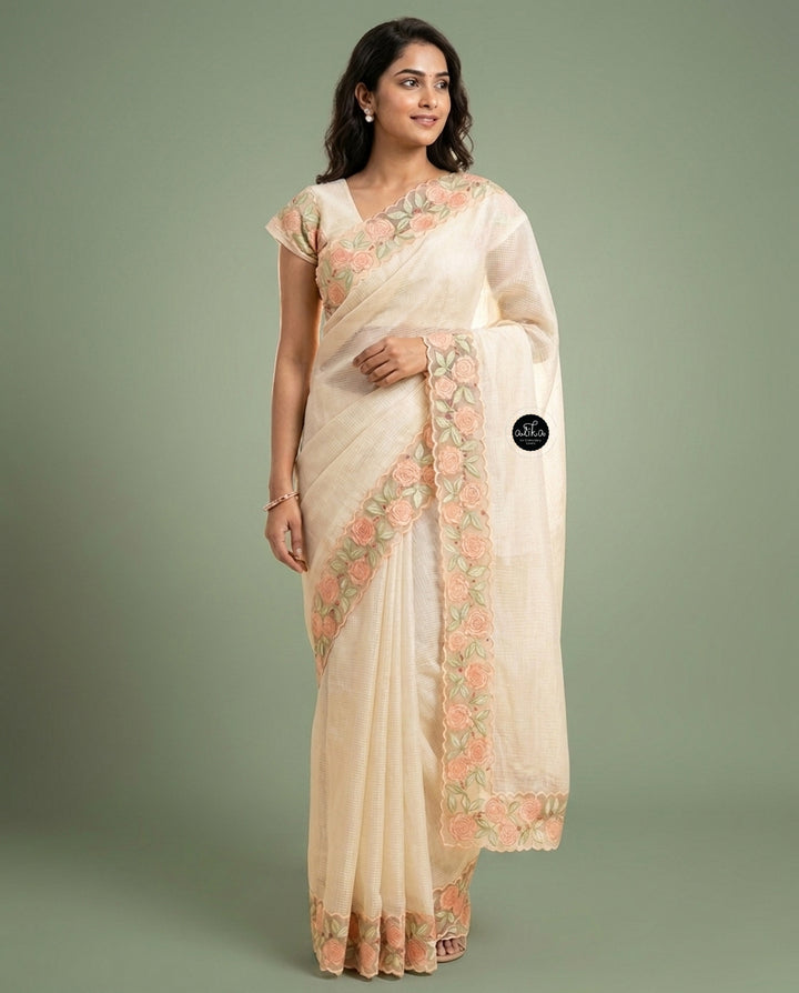 Beige Silky Kota Saree with Floral Appliqué Border