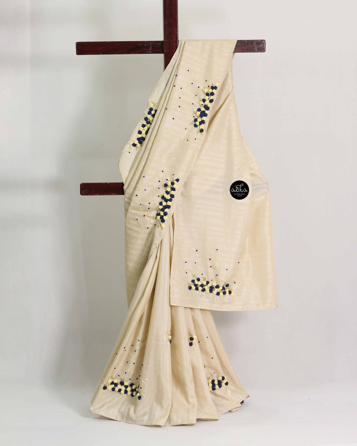 Cream Designer Silk Saree with Floral Hand Embroidery